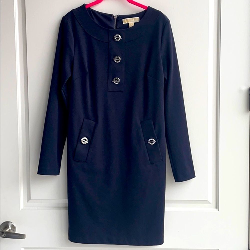 Michael Kors Navy Button Front Shift Dress Size S